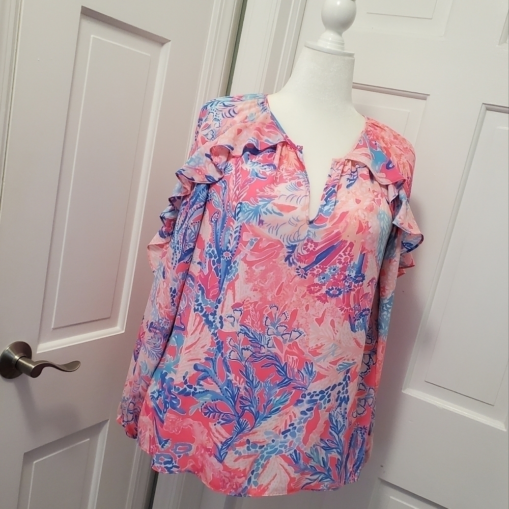 Lilly Pulitzer Elora Pascha Pink Blouse Size Large, Colorful, Preppy